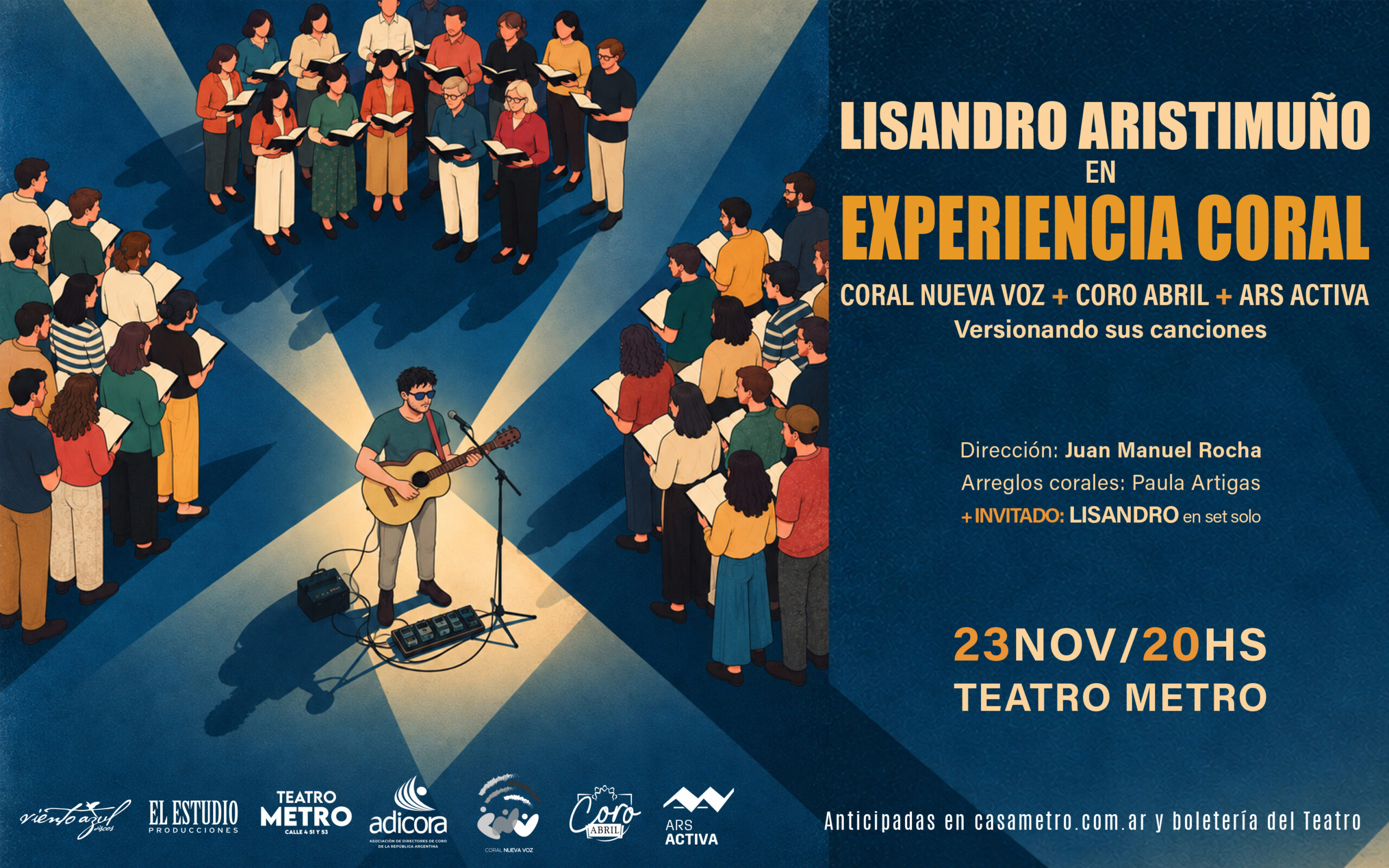 Flyer promocional de Lisandro Aristimuño en su Experiencia Coral en el Teatro Metro de La Plata, 23 de noviembre.